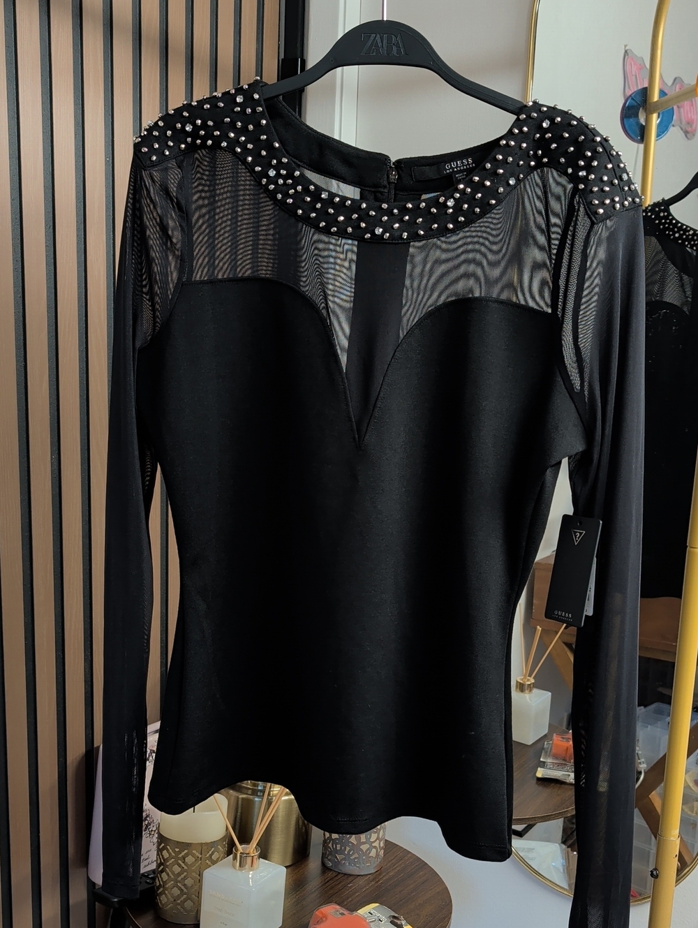 Guess by Marciano Black Mesh Studded Long Sleeve Top Large